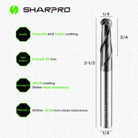 SHARPRO Carbide Ball Nose End Mill 1/4 Inch Shank and 1/4 Inch Cutting Dia. 2 Flute AlCrN Coated CNC Spiral Router Bits for Alloy Steel, Stainless Steel, Cast Iron and Aluminum Cutting (3PCS)