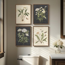 Framed Botanical Wall Art - 4 Piece Rustic Floral Canvas Paintings Prints ArtWork for Walls, Vintage Flower Butterfly Pictures for Farmhouse Living Room Bedroom Kitchen Bathroom Wall Decor 8x10 In