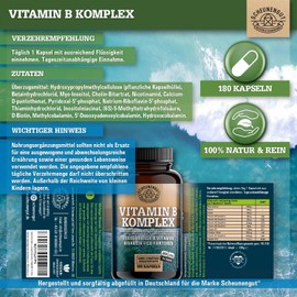 Vitamin B Complex (B1-B12) + 3 Active Cofactors - Important: All 8 B Vitamins (B1, B2, B3, B5, B6, B7, B9, B12) - Vitamin B Complex Vegan - High Dose with Cofactors - DE- SCHEUNENGUT