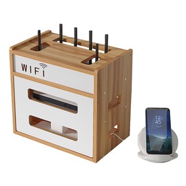 Wooden Router Shelf, Desktop WiFi Router Storage Box Modem Rack, Power Router Fences Standing Shelf Units, Cable Management Hider Box Organizer for Office and Home (Cherry Wood)