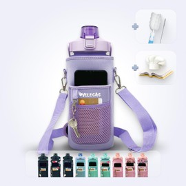 Velesas® 2l Wasserflasche mit motivierender Zeitmarkierung | Trinkflasche aus Tritan mit Strohhalm | Sportflasche für Schule, Job, Fitnessstudio (Violett mit Neoprenhülle, 2000ml)