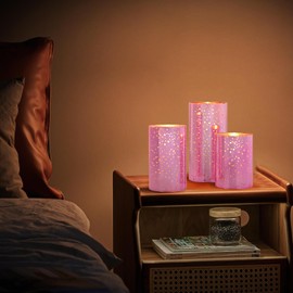 M Mirrowing Pink Glass Battery Operated Flameless Candles with Remote and Cycling 24 Hours Timer, 450+ Hours Flickering LED Candles Warm White Light for Home Décor, Christmas (Batteries Included)