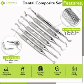 Cynamed Professional Dental Composite Tools Set - 6-Piece Stainless Steel Oral Hygiene Kit for Dentists & Hygienists - Precision Examination, Cleaning, and Scaling Instruments