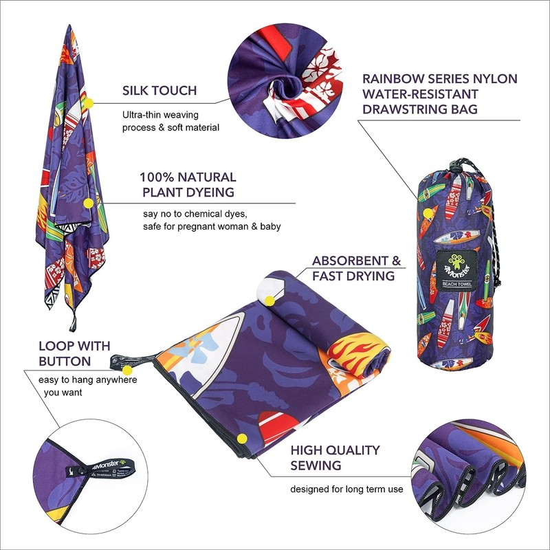 4Monster Microfibre Beach Towel, Ultra-Light, Sand-Resistant Towel, Quick-Drying, Absorbent Sports