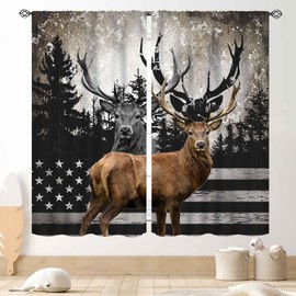 TKUYO Rustic Deer Curtains, Camo Forest Hunting Deer Elk Moose USA American Flag Farmhouse Rural Country Man Cave Blackout Window Drapes Treatments for Bedroom Living Room 2 Panels Set, 42"x45" Inch