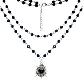 TAMAWire Black Stylish Gothic Necklace, Layered Beads Sun Necklace for Women, Black Bead Onyx Necklace, Goth Jewelry (Layered Beads Heart)