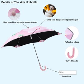 BAODINI Kids UV and Rain Umbrella Sun Protection With Round Edges for Boys Girls Toddlers Easy Grp Curved Handle Stick Umbrella with Reflective Strip