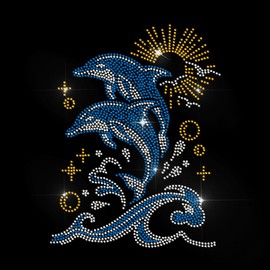 MAYJOYDIY Dolphin Wave Rhinestone Iron on Hotfix Transfer Decal Sun Gull Bling Rhinestones DIY Patch Repair Hot Fix Applique for T-Shirt Jacket Bag Jeans Craft Clothing Accessory