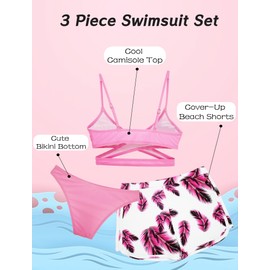 Happy Cherry - Conjunto de traje de baño de 3 piezas para niñas con estampado tropical, traje de baño de 8 a 14 años, Rosado, 14 Años