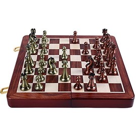 Agirlgle International Chess Set with Folding Wooden Chess Board and Classic Handmade Standard Pieces Metal Chess Set for Kids Adult
