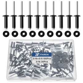 JTAREA 130pcs 3/16" x 5/8" Black Aluminum Pop Rivets with Stainless Steel Washers 4.8 x 16mm Blind Rivet Assortment Kit