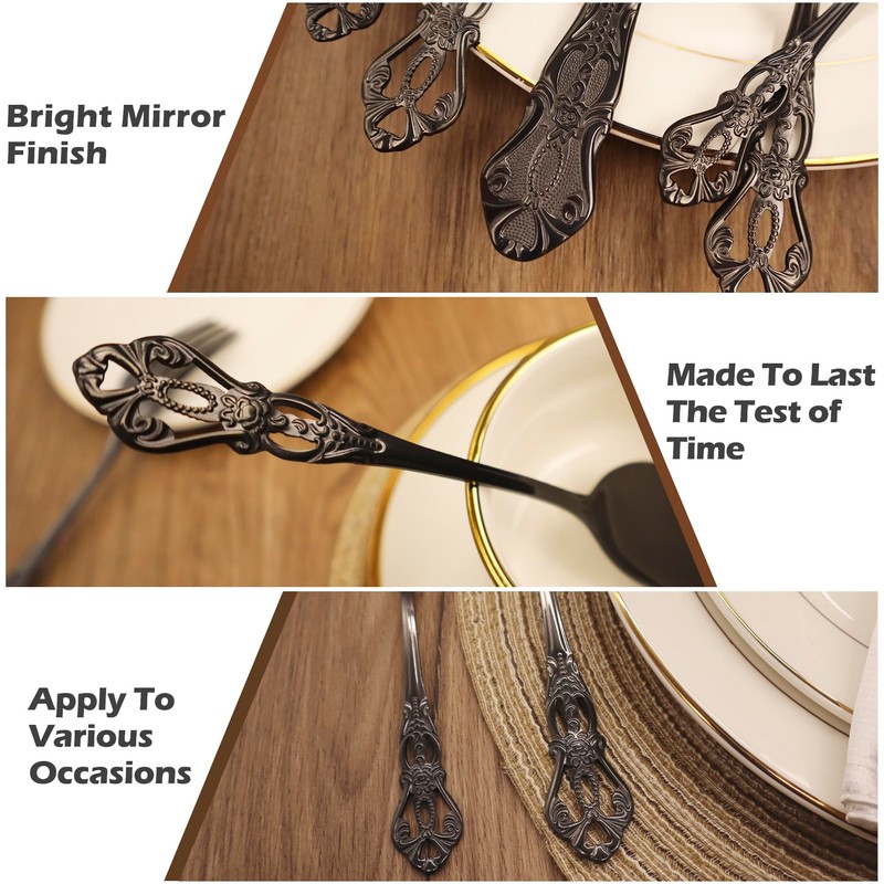 Runfly Retro Royal Black 48 Pieces Flatware Set, Gorgeous Black