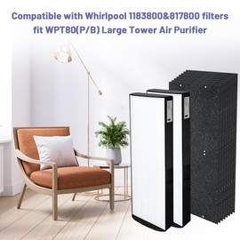 Popurure 1183800 Replacement Filter Compatible with Whirlpool WPT80(P/B) & 817800 fit Whispure Large Tower Air Purifier, with 2 H13 HEPA Filters + 8 Activated Carbon Pre-Filters