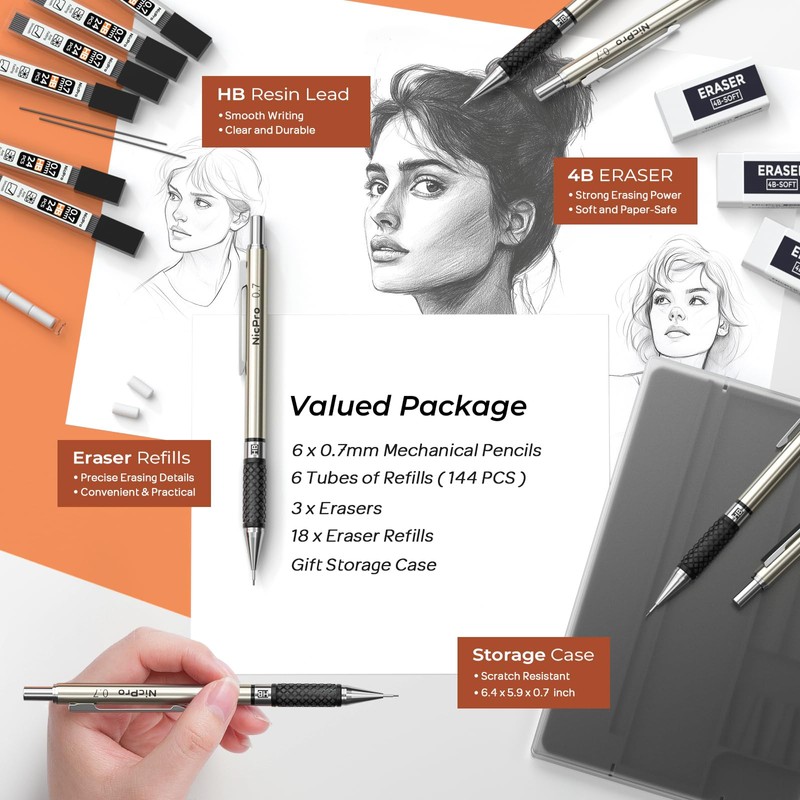 Nicpro 0.7 mm Art Mechanical Pencils Set, 6 PCS Metal