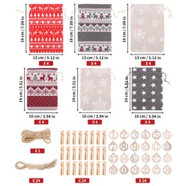 Advent Calendar for Filling, 24 Advent Calendar Bags Fill Yourself (2 Sizes), Bags for Advent Calendar, Fill Yourself with Numbers Made of Wood, 1-24, Advent Calendar Bags for Children, Women, Men