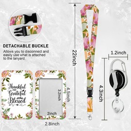 Badge Holder with Lanyard,Thankful Grateful Blessed Inspirational Quote ID Name Badge Card Holder with Lanyard,Badge Reel Heavy Duty with Carabiner Clip,Nurse Teacher Office Gifts