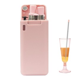 Biiange Pink Foldable Reusable Straws with Case, Stainless Steel Collapsible Straws with Silicone Tips and Cleaning Brush, Portable Folding Drinking Straw Set for Travel, Home & Office