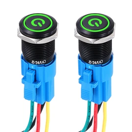 DMiotech 2 Pack 19mm / 3/4" Aluminium Alloy Momentary Push Button Switch Flat Head 3A 12-24V Black Shell 5 Pin with Cable Socket Green Switch LED 1NO1NC for Car Boat Systems Custom Setups