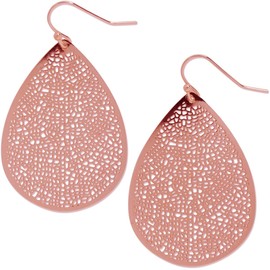 Boho Rose Gold Earrings Dangle - Lightweight Earrings for Women Dangling, Rose Gold Tone Bohemian Dangly Teardrop Leaf Jewelry, Simple Trendy Tear Drop Filigree Dangles