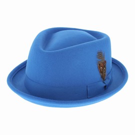 Belfry Crushable Porkpie Fedora Hat Men's Vintage Style 100% Pure Wool in Black Brown Grey Navy Pecan and Striped Band (US, Alpha, Medium, Royal Blue)