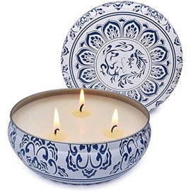 Citronella Candle Outdoor Large 3 Wick 13.5oz Soy Wax Candle with Lid in Blue and White Container for Patio Porch, 75 Hour Burn