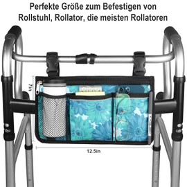 Wheelchair Storage Bag, Armrest Bag with Cup Holder and Reflective Strips, Waterproof Fabric, for Most Wheelchairs, Rollators or Rollators (Blue Floral)