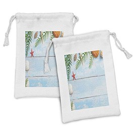 Ambesonne Seashells Fabric Pouch Set of 2, Star Fish Seashell Tropic Plants Leaves Seaweed Nautical Boat Marine, Small Drawstring Bag for Toiletries Masks and Favors, 9" x 6", Pale Blue Green Amber