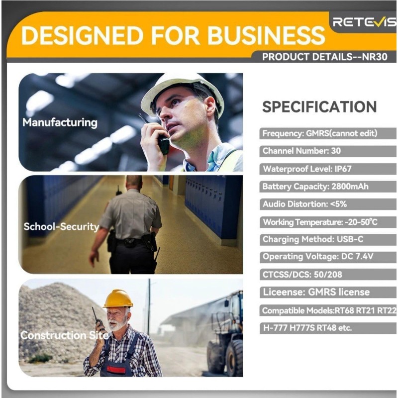 Retevis NR30S Long Range Noise Reduction GMRS IP67 Two Way