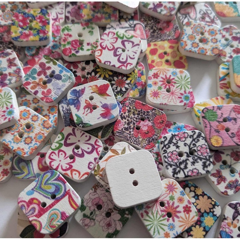Assorted Floral Wooden Square Buttons, Pack of 25, 19mm
