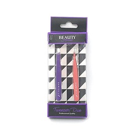 Beauty Avenue Tweezer Duo | Professional Quality | Purple/Coral Color | Slanted/Pointed Set