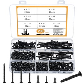 Pack of 200 Self-Drilling Screws, Cross Flat Head Wood Screws, Carbon Steel Self-Tapping Screws with Drilling Ends, Countersunk Plate Screws - M4.2 x 13 mm/16 mm/19 mm/25 mm/32 mm/38 mm/50 mm (Black)