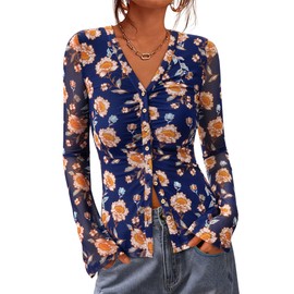 BTFBM Button Down Shirts for Women Fall Fashion 2025 V Neck Long Sleeve Blouse Ruched Mesh Fitted Floral Print Boho Tops(Blue, Large)