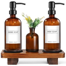 Hand and Dish Soap Dispenser Set for Kitchen, Amber Glass Soap Dispenser with Stainless Steel Pump, Kitchen Soap Dispenser Set with Wood Riser Tray, Soap and Lotion Dispenser Bathroom Decor(Amber)