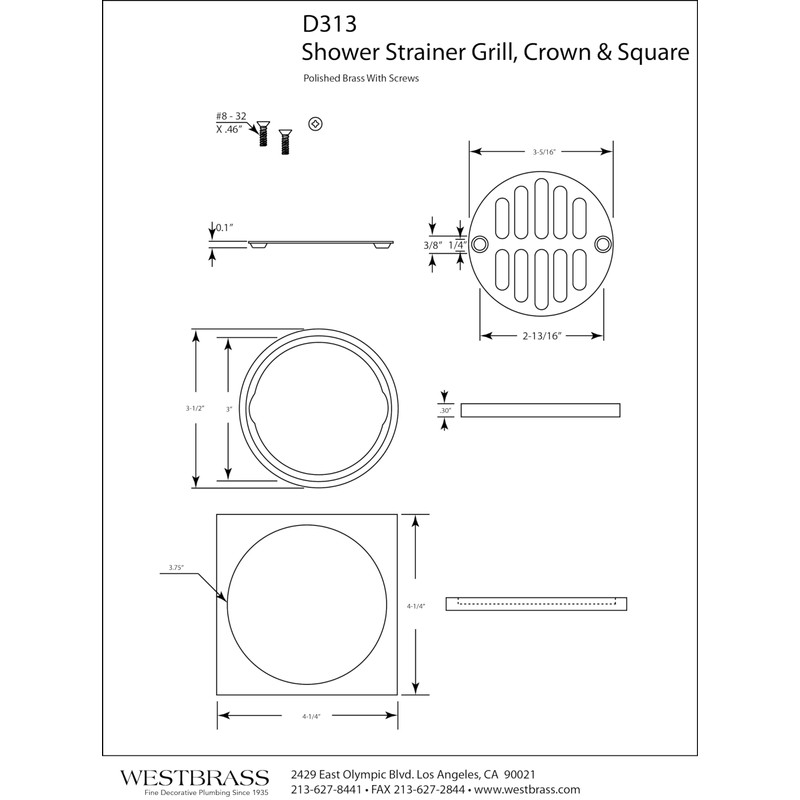 Westbrass Shower Strainer Set Square with Crown, Polished Brass, D313-03