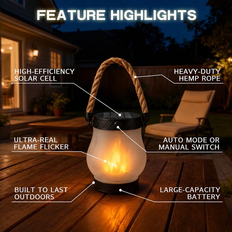 kaliqo Solar Lantern Outdoor Lights, Realistic Dancing Flame Effect, Solar