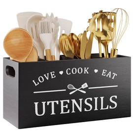 Kitchen Utensil Holder with 4 Compartments, Wood Large Silverware Caddy Counter for Party, Black Wooden Utensils Organizer for Kitchen Countertop, Wall Mounted Cooking Spatula, Cutlery,Flatware Holder