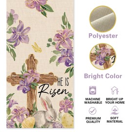 Uruney Christian Easter Lily Flower Table Runner, Religious Cross He is Risen Kitchen Dining Table Decoration, Spring Easter Egg Bunny Burlap Indoor Outdoor Home Decor Party Supply 13 x 36 Inches