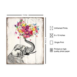 Elephant Floral Heart Boho Wall Art - Vintage Rustic Picture for Room Decor, Home Decoration, Bedroom, Bathroom, Apartment - Cute, Unique Romantic Gift for Women, Her, Wife - UNFRAMED Print