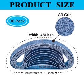 3/8" x 13" Zirconia Sanding Belts, 30 pack 3/8x13 Inch Sanding Belts 80 Grit, Zirconia Belt Sander Sanding Belts for Air File Belt Sander(3/8x13in, 80 Grit)