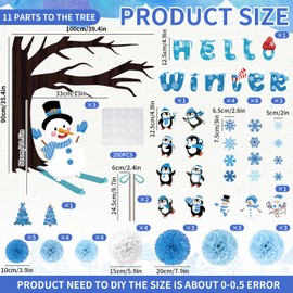 Whaline 118Pcs 3D Winter Honeycomb Bulletin Board Winter Wonderland Cutouts for Classroom Winter 3D Tree with Paper Pom Poms Snowman Penguin Snowflake Bulletin Board for Xmas Home Party Wall Door