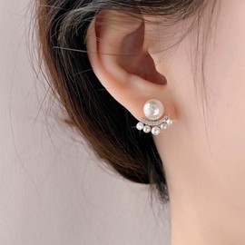 Aneneiceera Vintage Layered Pearl Stud Earrings Gold Cluster Pearl Earrings Tiny Cz Bar Earrings Small Floral Pearl Earrings Jewelry for Women