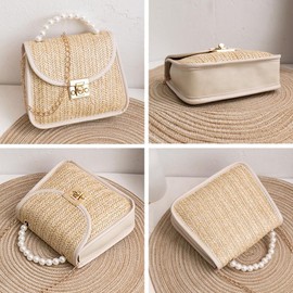 XFSRG Beach Bag Women's Boho Style Straw Bag Summer Shoulder Bag with Chain Woven Clutch for Beach Holiday Travel Wedding (White)