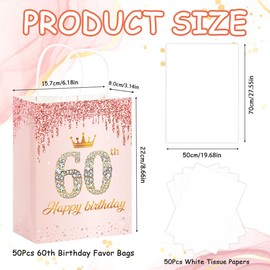 50Pcs 60th Birthday Party Favors Gift Bags Bulk Rose Gold Happy 60th Candy Wrap Bags with Tissue Paper Birthday Souvenir Bags for Guests Men Women Party Celebration Decorations Supplies (60th)