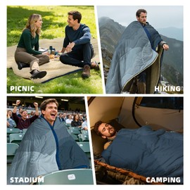 KawaGebo Kamp Outdoor Camping Blanket with Sherpa Lining, Extra Warm Thick Camp Blankets and Puffy Ultralight Soft Poncho DWR Camping Quilt for Cold Weather, Adventure, Sleeping, Backpacking 78"x 56"