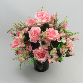 Artificial Grave Flower Arrangement in pot with large two-tone pink open roses, alstroemeria and astilbe, 27cm - long-lasting memorial arrangement