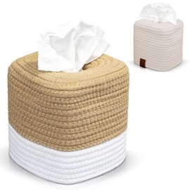 Rarapop Stylish Cotton Tissue Box Cover - A Beautiful Holder Instantly Covers Your Square Tissue Boxes - The Perfect Cube Cover for Your Bathroom and Home (Jute White)