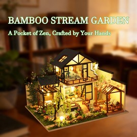 OZJAY DIY Miniature House Kit, Tiny House Kit with LED, DIY Wooden Dollhouse Miniature Kit for Adults Teen, Wooden Crafts Lovely Dollhouse Kit, Bamboo Stream Garden