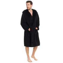 GM Apparel Dressing Gowns for Men - Fleece Gown Sherpa Hooded Bathrobe - Black Grey Robes Bath Robe for Mens (XL, Black)