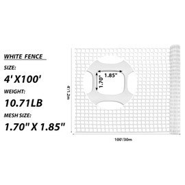 PotatoLife Plastic Mesh Fence Safety Fence, 4'x100' Roll with 100 Zip Ties, Resuable Temporary Netting for Garden Fencing, Construction, Snow Fencing, Animal Barrier, Poultry, Deer, Patio, White