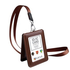 Porta Gafete con Cordón,Tarjetero de Cuero Genuino,Soporte para Tarjetas de Identificación con Ventana Vertical Transparentepara el Cuello para Oficina, Negocios, Trabajo (Marrón)